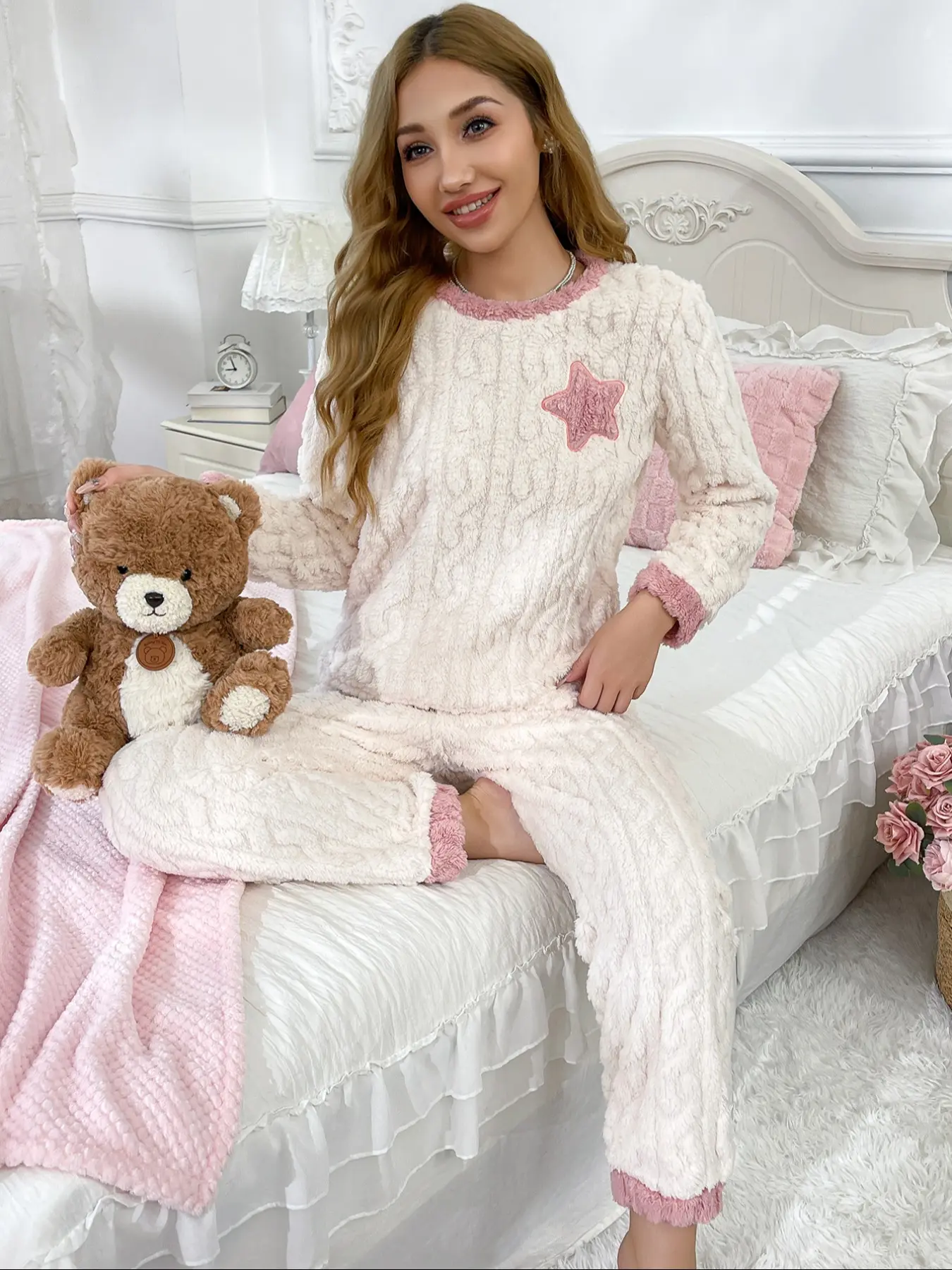 🌸Women's Cable Knit Fleece Pajama Set with Pink Star Accent | Plush Top + Pants Loungewear | Super Soft Sleepwear for Cozy Winter Days & Nights