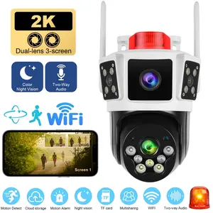 Dual Lens 3-Scene WiFi Security Camera, 2K HD, 355° PTZ. Features color night vision, AI human detection & alarm. Ideal for monitoring elders, kids and pets. Supports WiFi link, APP remote control and cloud storage for home safety.