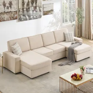 Modern Beige U-Shaped Modular Cloud Sleeper Sofa Convertible Deep Seat Comfy Couch with Removable Washable Covers Stylish Practical Home Furniture for Living Room Office Space