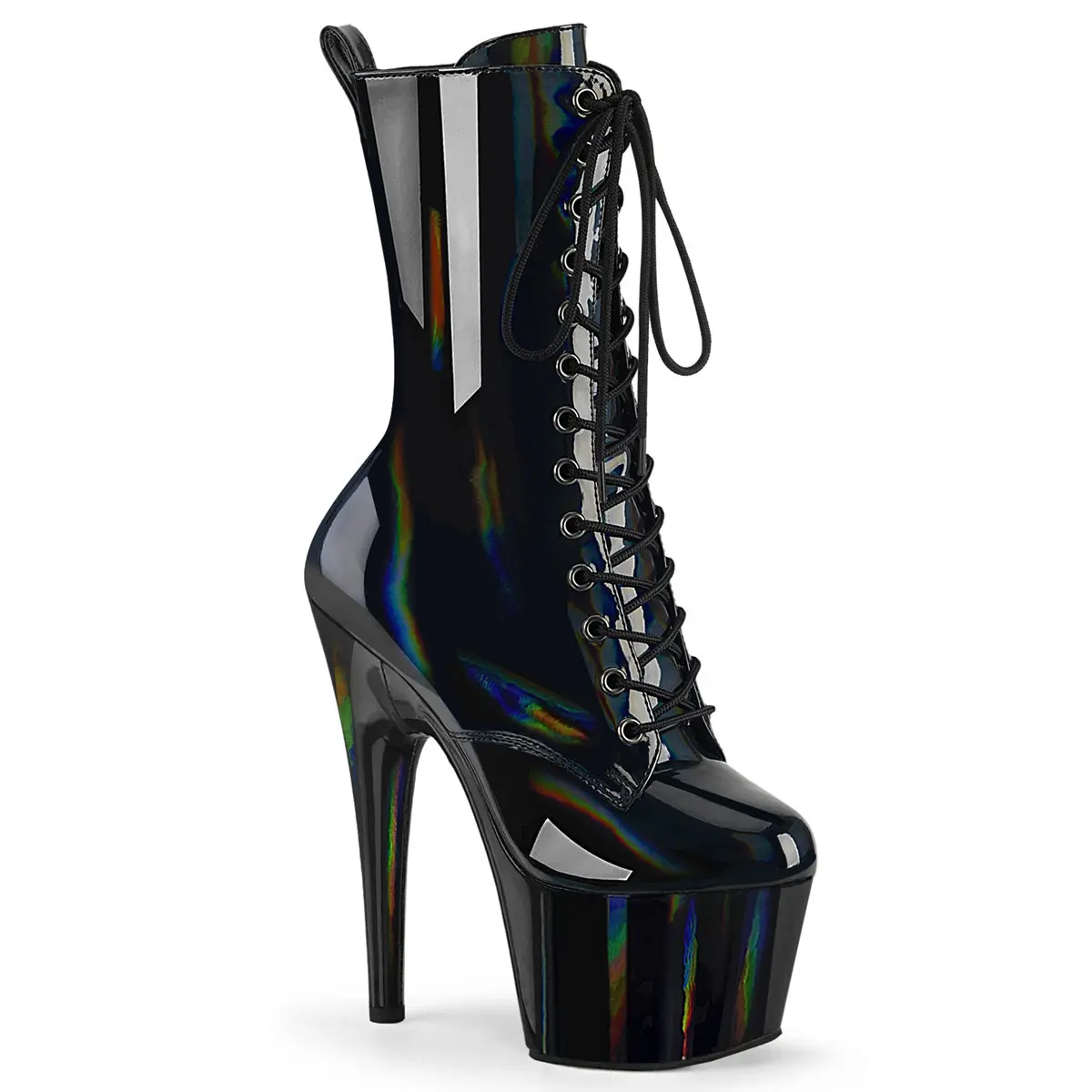 Women's Holographic Patent Synthetic Platform Ankle Boots - 7-in Stiletto Heels, Front Lace, Side Zip, Sultry Style Stage Wear Footwear for Dance Events