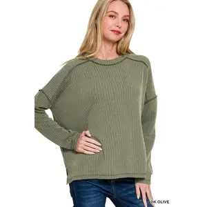 Zenana Full Size Exposed Seam Long Sleeve Corded Rib Knit Top Plus Size