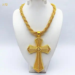 Ethiopian Cross Pendant Twisted Chain for Women Man African Wedding Party Gold Color Eritrea Jewelry Cross Gift
