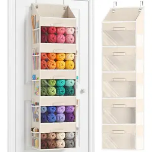 Hanging Yarn Storage Organizer with 5 Drawers, Over the Door Large Capacity Knitting Organizer Storage&10 Mesh Side Pockets, Hanging Yarn Holder for Knitting Needles, Crochet Hooks Beige