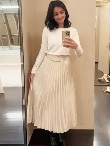 Satin Pleated Midi Skirt Women's Skirt Spring Summer 2026 Elegant Minimalist Style Brown Beige High Waist Skirts For Women Office Commutes & Brunch Outings Skirts