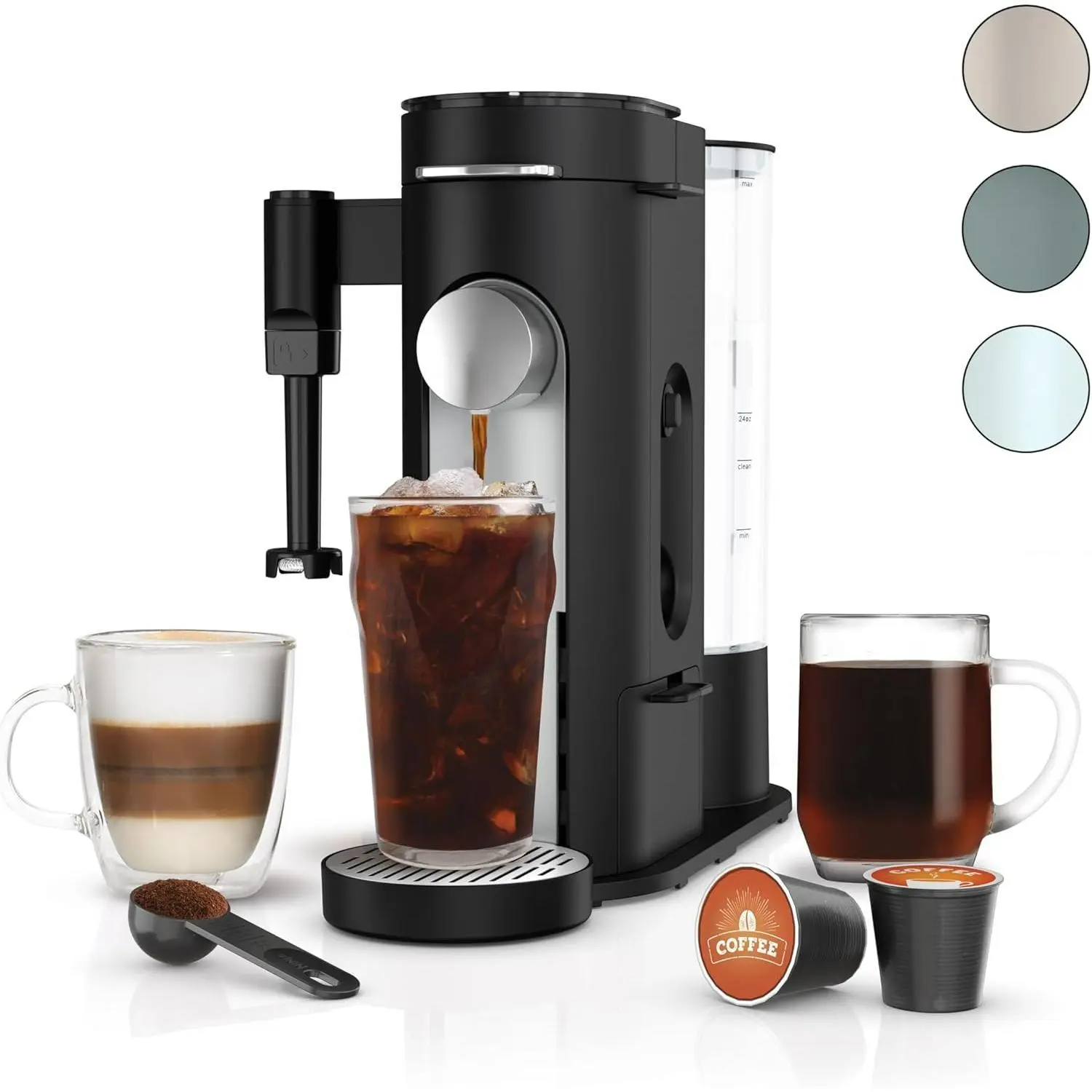 Pod & Grounds Specialty Single-Serve Espresso Machine, K-Cup Pod Compatible, Grounds-Brewing, Compact Design, Built-In Milk Frother, 56-oz Reservoir, 6 to 24-oz Cup/Mug Sizes, Black, PB051