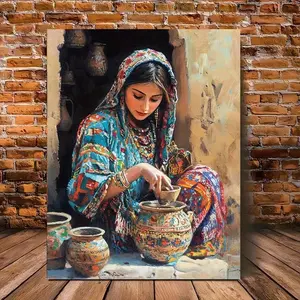 Afghan Pottery Artwork Wall Decor,  Vibrant Blue & Orange Traditional Attire with Pottery Motif, Cultural Art Print, Ready-to-Hang Home Decoration