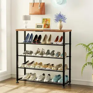 Simple Trending 5 Tier Extra Large Shoe Rack, Rolling Shoe Storage Organizer and Heavy Duty Casters with Brake for Closet Entryway, Hallway, Black shoe rack