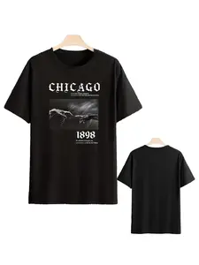 Men'S Chicago 1898 Graphic T-Shirt - Casual Crew Neck Short Sleeve Tee with Bold Letter Print, Black & White Design, Lightweight Summer Fabric for Casual Attire, Breathable Clothing | Graphic Print Tee | Knitted Texture