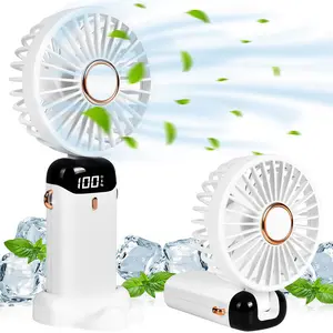 LMMAKE Portable Handheld Rechargeable Fan, Battery-Operated with Base, Digital Display, 90° Adjustable Mini Fan for Outdoor, Indoor Use