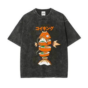 Men's Oversized Cotton Fabric Graphic Round Neck Short-Sleeve T-Shirt - Sea Dragon Pirates Koi King Pocket Monsters Print, Washed, Super Soft, Pre-Shrunk, Summer Casual Streetwear (Unisex Fit)