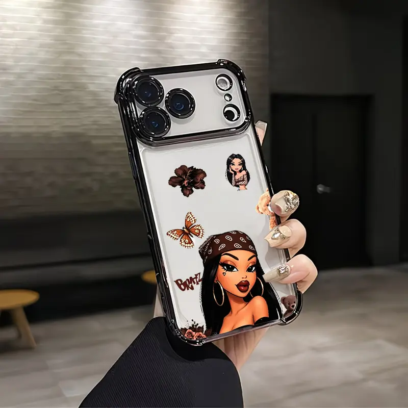 Custom Chicano Bandana Baddie Cartoon Girl Brown-Tone Butterfly Flower Aesthetic Smartphone Case, Soft Silicon TPU Shockproof Handheld Cellphone Protection for iPhone 17/16/15/14/13/12 Plus Pro Max Ultra & Samsung 22/23/24/25 Plus Pro Max Ultra, Accessori