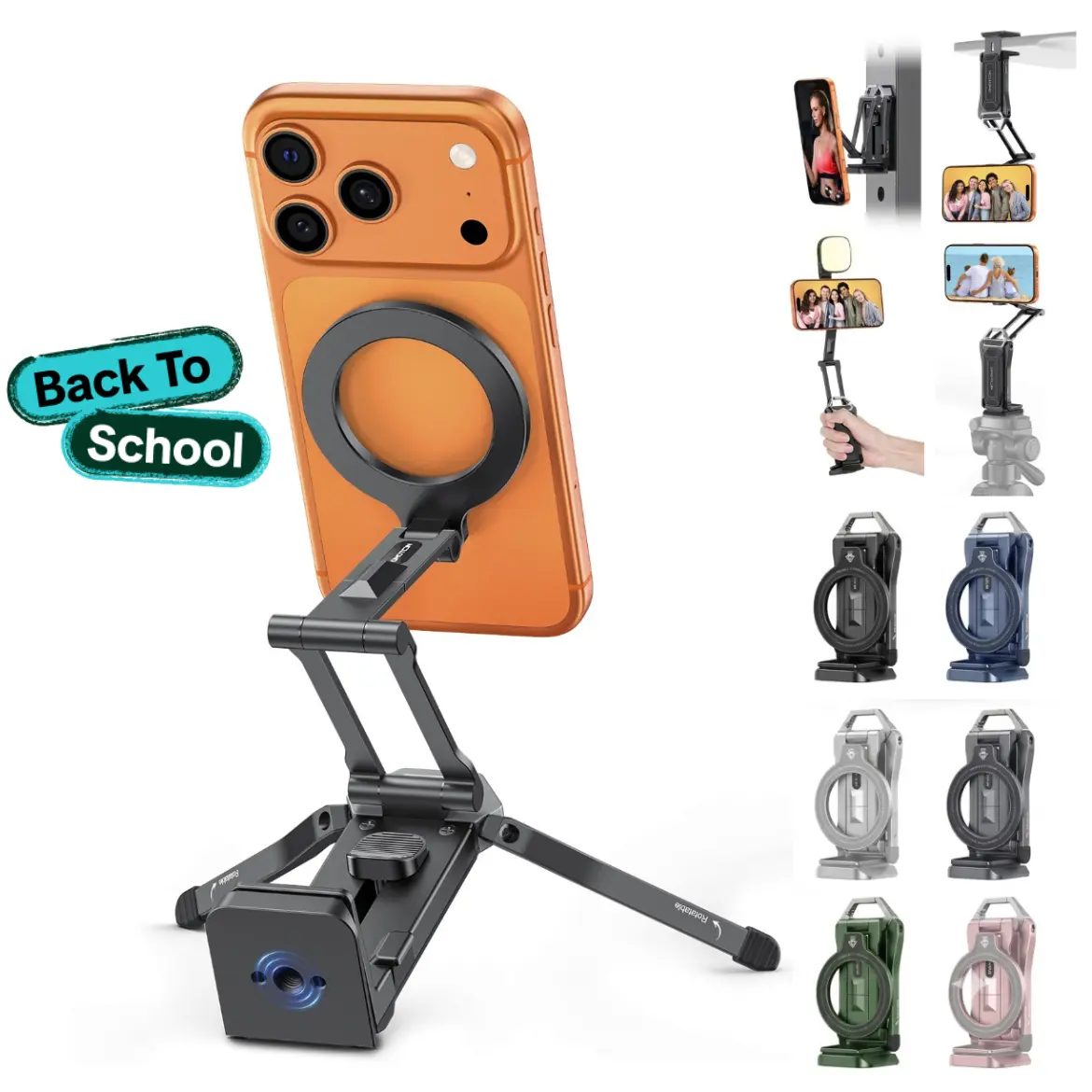 OMOTON TP02-Pro 5-in-1 Magnetic Grip Phone Holder & Mount, Arca-Type Base with 1/4" Screw Hole, Adjustable Foldable Rotating, Phone Accessory for iPhone 12-17 Series, Tripod for iPhone, Mini Selfie Stick Compatible, Phone Accessories
