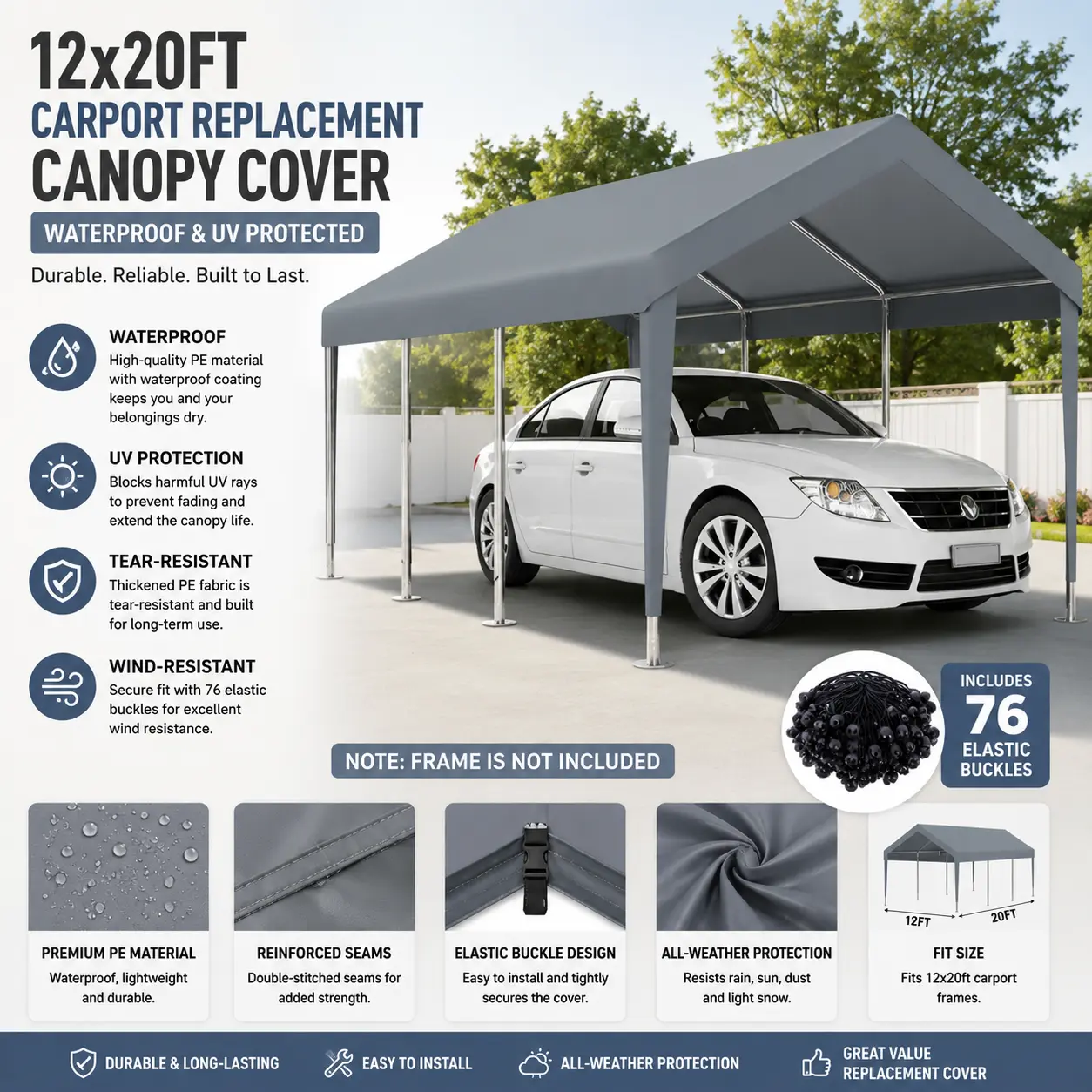 12 ft x 20 ft Heavy-Duty Carport Replacement Canopy Cover, 76 Elastic Buckles, Premium Triple-Layer Polypropylene Fabric, Waterproof, UV-Protected, Gray Garage Shelter Roof Tarp, Durable Outdoor Vehicle Tent (Frame Not Included)
