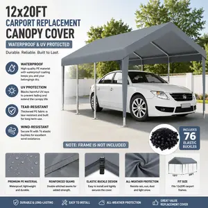 12x20ft Carport Replacement Canopy Cover with 76 Elastic Buckles Waterproof UV Protected Heavy Duty Tarp Gray Garage Shelter Top Roof Cover Enclosure Frame Not Included Durable Outdoor Vehicle Car Tent