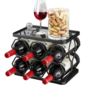 Foldable Wine Rack, Freestanding Hexagon Rack Countertop 6 Bottle 2 Tier, Carbon Steel Wine Racks Holder for Kitchen Bar Pantry Wine Cellar Dining Room Basement Outdoor, Black