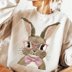 Cute Bunny Sweatshirt – Adorable Rabbit Wearing Pink Glasses and Bow, Aesthetic Cozy Graphic Sweatshirt for Women and Girls, Soft Cute Style, Perfect Gift for Bunny Lovers