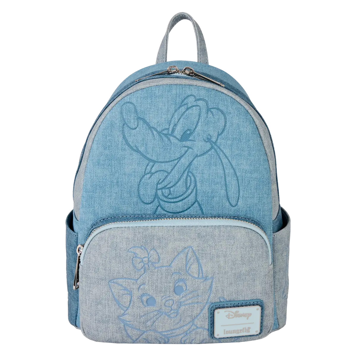 Disney Dogs & Cats Faux Denim Mini Backpack, Debossed Details, Paw Prints, Animal-Lined Inside, Front Zip Stash Functional Bag