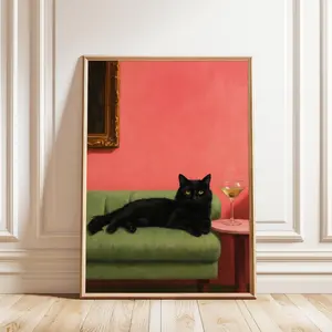 [UNFRAMED POSTER] Black Cat with Martini Poster | Whimsical Cocktail Art Print | Bar Cart Decor | Trendy Cat Wall Art | Quirky Cocktail Poster