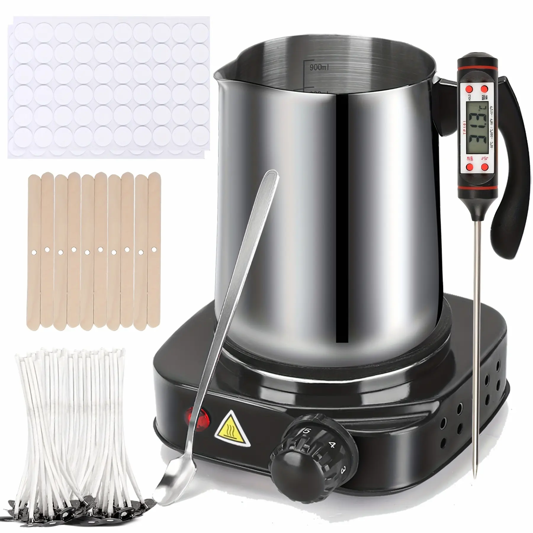 Complete DIY Candle Making Kit with Electric Wax Melter & Thermometer - 30.43oz Wax Pouring Pot, Spoon & Wick - -in- Starter for Adults & Beginners (Stainless, 110, Plug) - Melting Supplies for Homemade Candles
