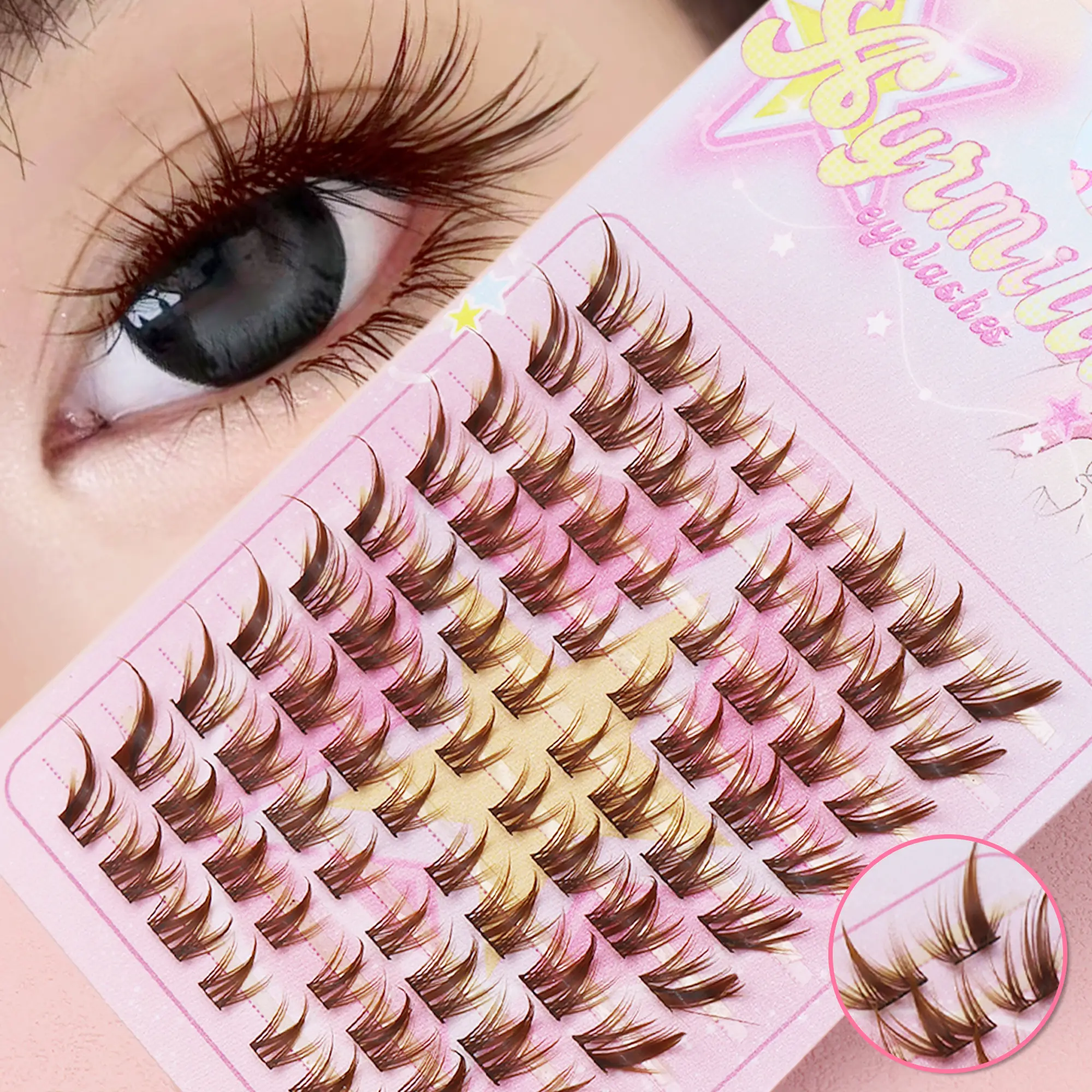 C Curl Brown Style Eyelash Extensions, Winged Individual Lashes, Natural Segmented Lash Clusters, Makeup Tools Synthetic Realistic