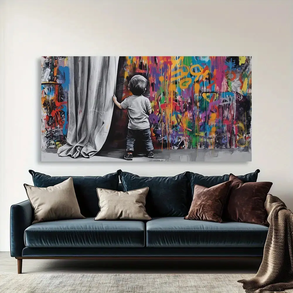 Artistic Vibrant Graffiti Canvas Print - Modern Abstract Wood Framed Wall Decor, Peppy Youth Vibe, Colorful Paint Splatters for Living Room, Bedroom
