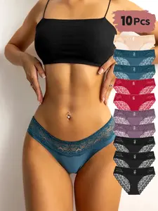Ladies 10-Pack Lace Trim Hipster Underwear, Low-Rise Sexy Lace Hollow Triangle Panties, Comfortable Soft Lace with Antibacterial Lining for All Seasons