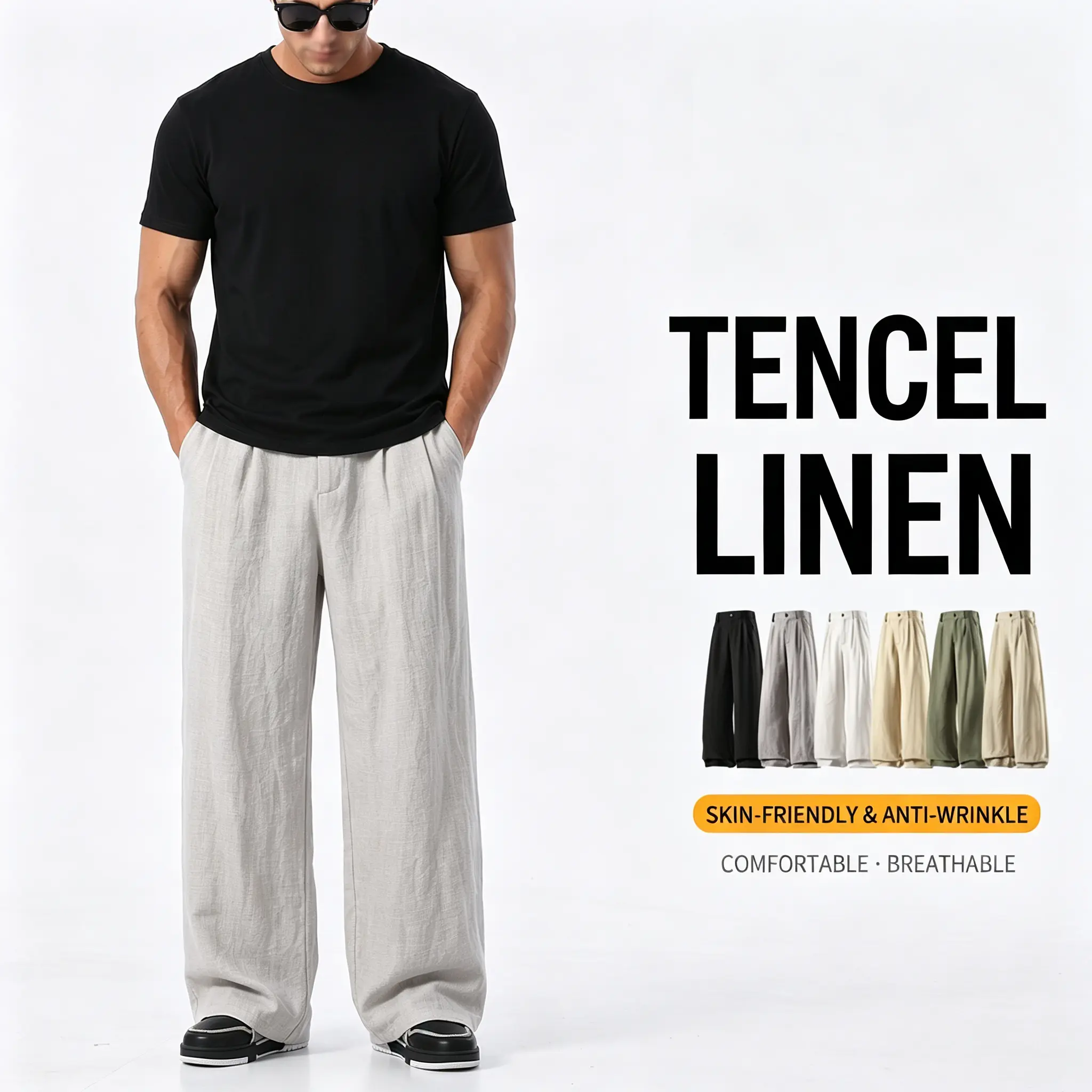 Men’s summer lightweight Tencel linen pants with a natural, light drape; soft, skin-friendly, and wrinkle-resistant. Pleated waistband and stacked hem design. Comfortable and breathable—won’t feel stuffy. Available in multiple colors; suitable for home, c