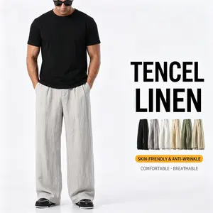 Men’s summer lightweight Tencel linen pants with a natural, light drape; soft, skin-friendly, and wrinkle-resistant. Pleated waistband and stacked hem design. Comfortable and breathable—won’t feel stuffy. Available in multiple colors; suitable for home, c