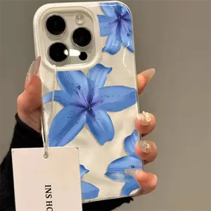 Blue Lily Flower Elegant Pattern Phone Case For iPhone 17 16 Pro Max 15 14 13 12 11 16 Plus Folds Texture Shockproof Soft Cover
