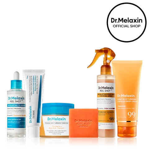 [Dr.Melaxin Official] Face & Body Dark Spot Brightening Set, 6-Piece | Kojic Acid Turmeric Spray, Toner Pad, Soap & Body Cream + Peel Shot TX Serum & TX Cream | Tranexamic Acid & Niacinamide | Even Skin Tone Care | Korean Skincare