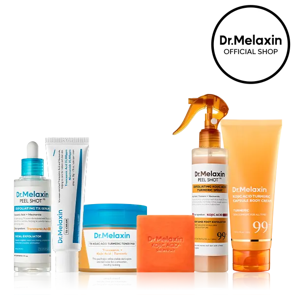 [Dr.Melaxin Official] Face & Body Dark Spot Brightening Set, 6-Piece | Kojic Acid Turmeric Spray, Toner Pad, Soap & Body Cream + Peel Shot TX Serum & TX Cream | Tranexamic Acid & Niacinamide | Even Skin Tone Care | Korean Skincare