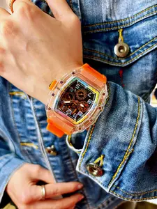 Summer Dopamine Neon Orange Mecha Watch Transparent Mecha Case, Fluorescent Orange Silicone Strap, Rainbow Neon Bezel, Mechanical Gear Dial, Unisex American Retro Street Watch