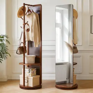 Swivel Full Length Mirror with Coat Rack, 70"x19" Solid Wood Floor Standing Mirror, Freestanding Leaning Mirror for Bedroom, Living Room, Cloakroom