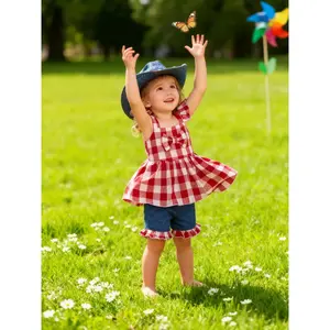 Baby Girl Vintage Plaid Bow Vest Set, baby clothing, Outfits, Fitted Denim Shorts, Summer, Comfortable Daily Wear, Perfect Gift