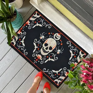 Halloween Skull Bat Theme Rug, Thick Soft Plush Mat for Entryway, Holiday Decor Carpet for Living Room Bedroom Bedside