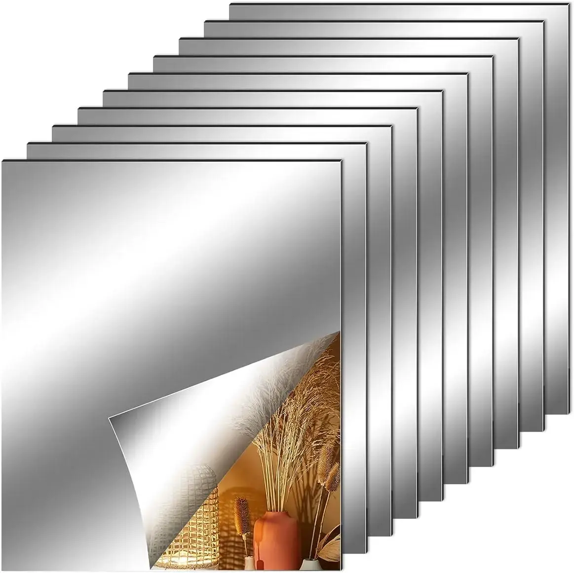 10 Pieces Flexible Mirror Sheets, Self Adhesive Decorative Plastic Mirror Tiles Non-Glass Mirror Stickers for School Educational and Home Wall Decor (6x8 Inch)