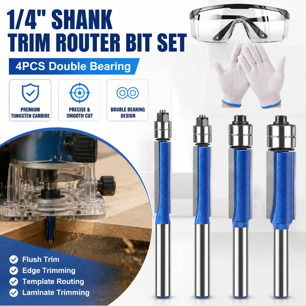 4pcs Double Bearing Flush Trim Bit Set - 2026 New 1/4" Shank 4-Cutter Compression Trimming Tool, Carbide Tip for Smooth Finish & Clean Cut, Fits Most Routers & Handheld Routers, 4 Sizes, Mid-Year Sale Restock Deal
