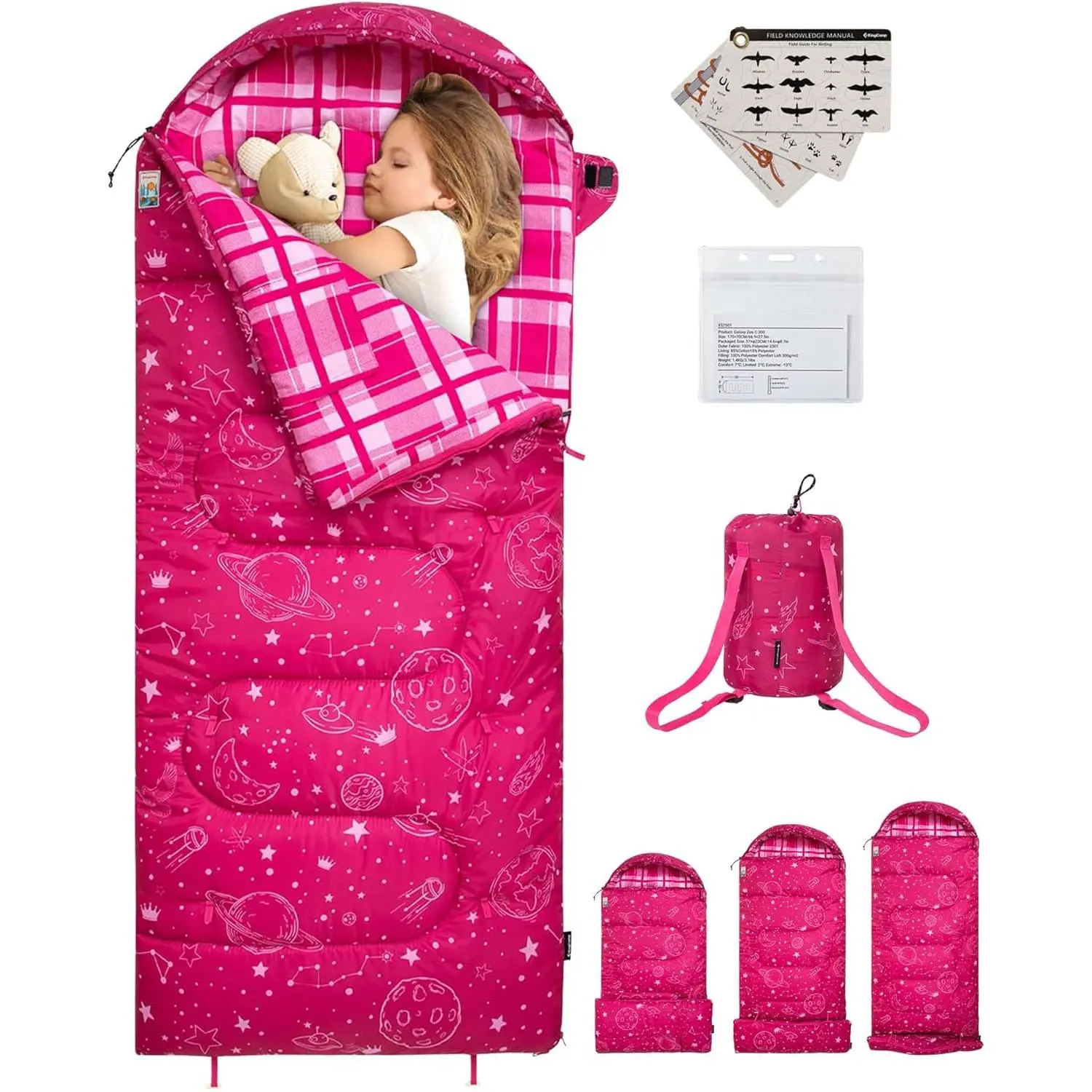 KingCamp Youth Rectangular Flannel Sleeping Bag Set, Summervibes Pattern, Waterproof for 45°F Cold Weather, Fits Kids up to 5'5"