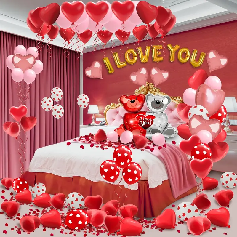 54PCS Valentine’s Day Heart Balloons Set with “I Love You” Foil Balloons, 1000 Silk Rose Petals & Hanging Decor for Wedding, Anniversary & Romantic Night Decorations