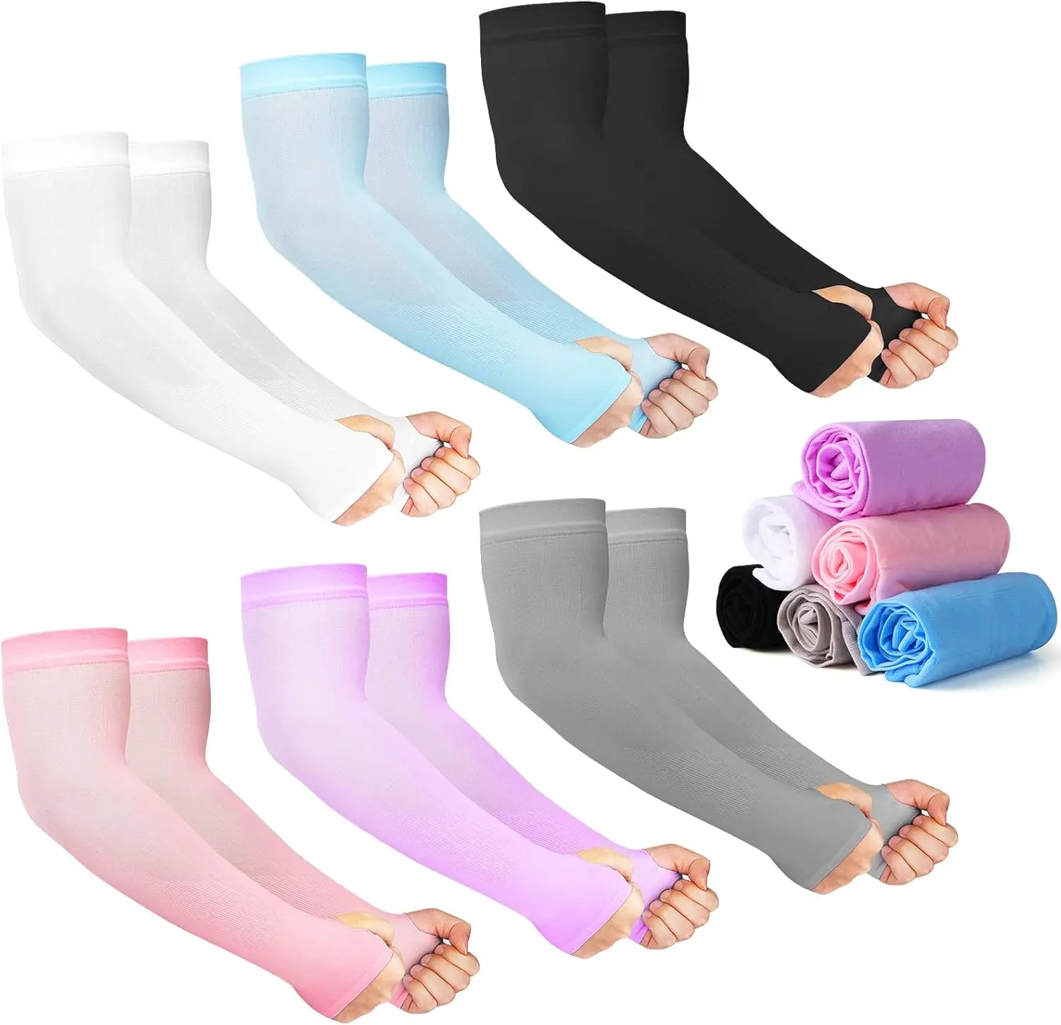 12 Pairs Sun Protection Sleeves UV Cooling Arm Sleeves for Men Women with Thumb Hole for Driving Golfing Fishing Cycling Hiking Cooling Polyamide Spandex