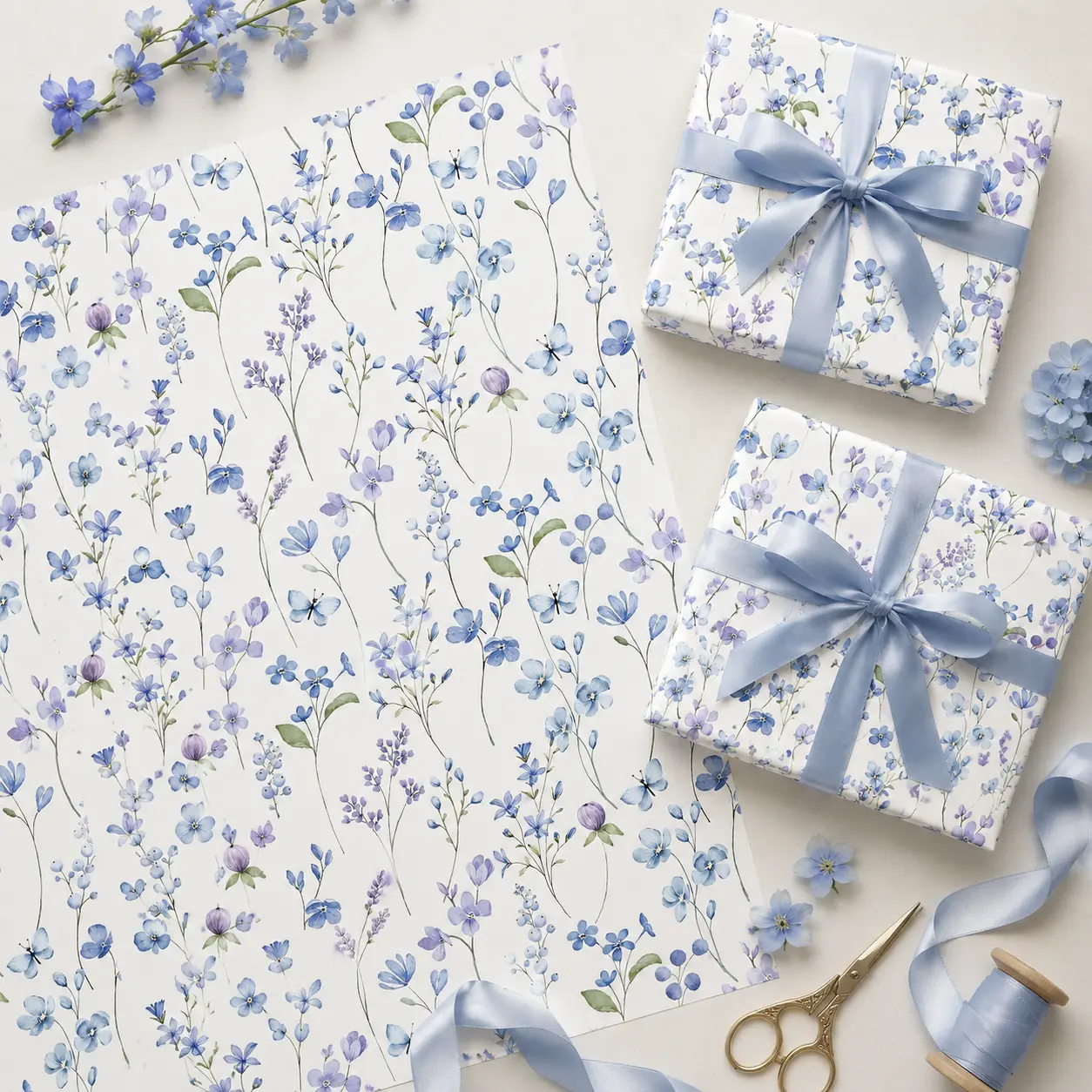 Watercolor Purple Blue Wildflower Gift Wrapping Paper Sheet - Floral Butterfly Botanical Wrap for Mothers Day Wedding Birthday