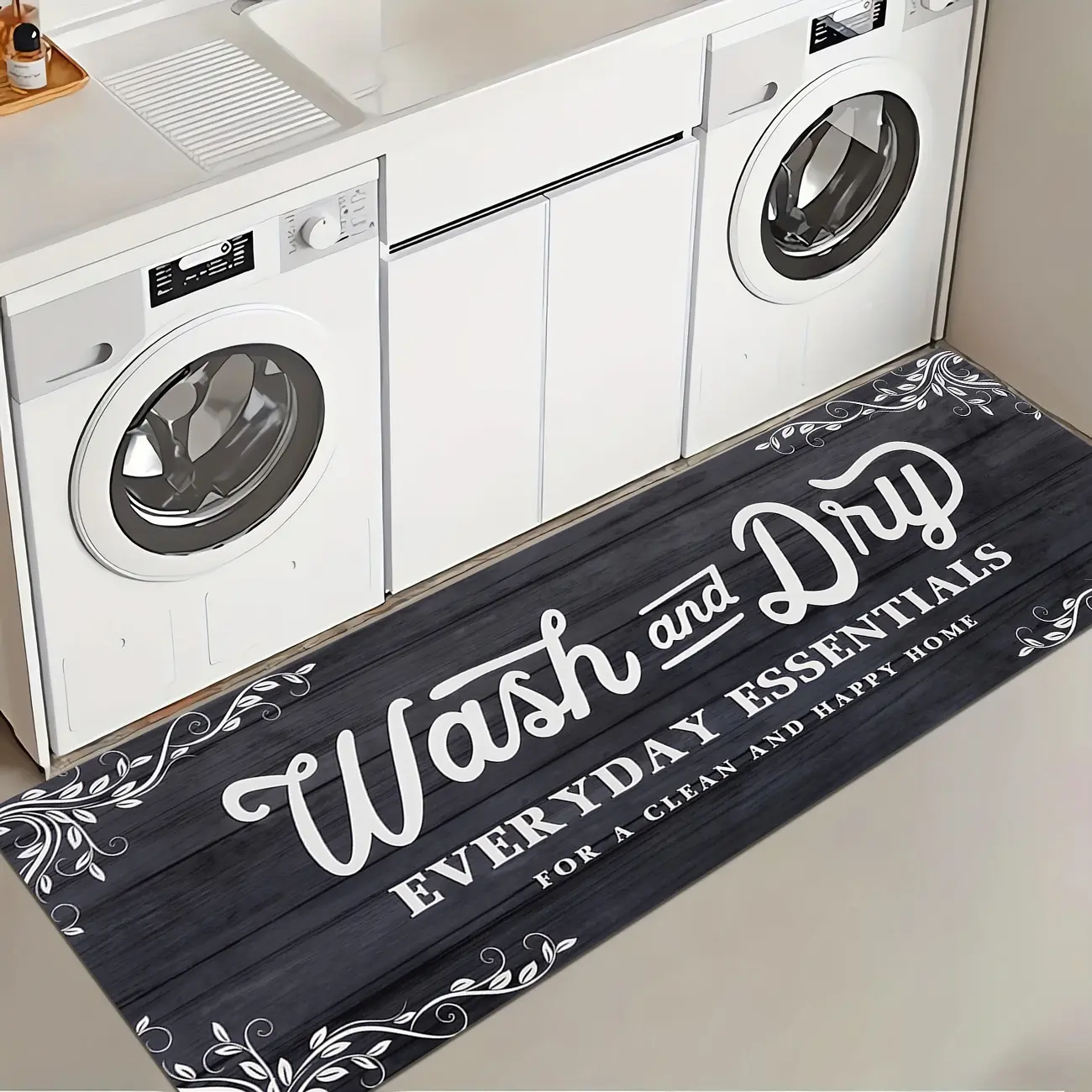 1 Pc Black Textured Laundry Room Rug Soft And Comfortable Long Strip Carpet Printed Mat Anti Slip Floor Mat Suitable For Kitchen Living Room Bedroom Sink Laundry Room Decoration Carpet Mat