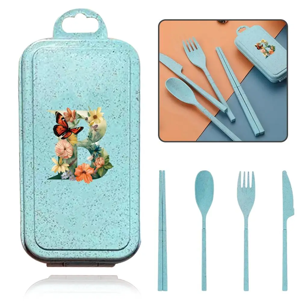Butterfly & Letter Pattern Cutlery Set, 1 Set Including Spoon, Fork, Knife & Chopsticks with Storage Box, Reusable Tableware Set for Travel Camping