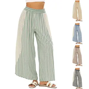 Tanming Womens Summer Casual Loose Striped Wide Leg Lounge Pants Elastic Waist Palazzo Trousers