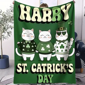 Cute Cartoon Cat Printing Facecloth Blanket, St. Patrick'S Day Themed Blanket, Soft and Cozy, Suitable For All Seasons