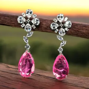 Pink Sapphire and Diamond drop Earrings/ Doublet Earrings/ Pink Topaz/ Blush Pink Cubic Zirconia Earrings/ Teardrop Pink Earrings
