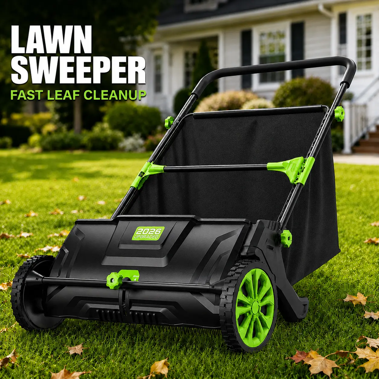 Push Lawn Sweeper 21/26 Inch, Manual Leaf & Grass Collector with Adjustable Brush Height, Large Collection Bag, Wheel-Driven Yard Sweeper for Leaves, Grass Clippings & Lawn Debris