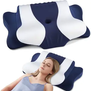 Cervical Neck Pillow for Pain Relief, Ergonomic Memory Foam Cervical Pillow with Dual Heights for Back, Stomach, Side Sleepers, Kids Floor Pillow Cushion, Blue, Standard 26"*15"