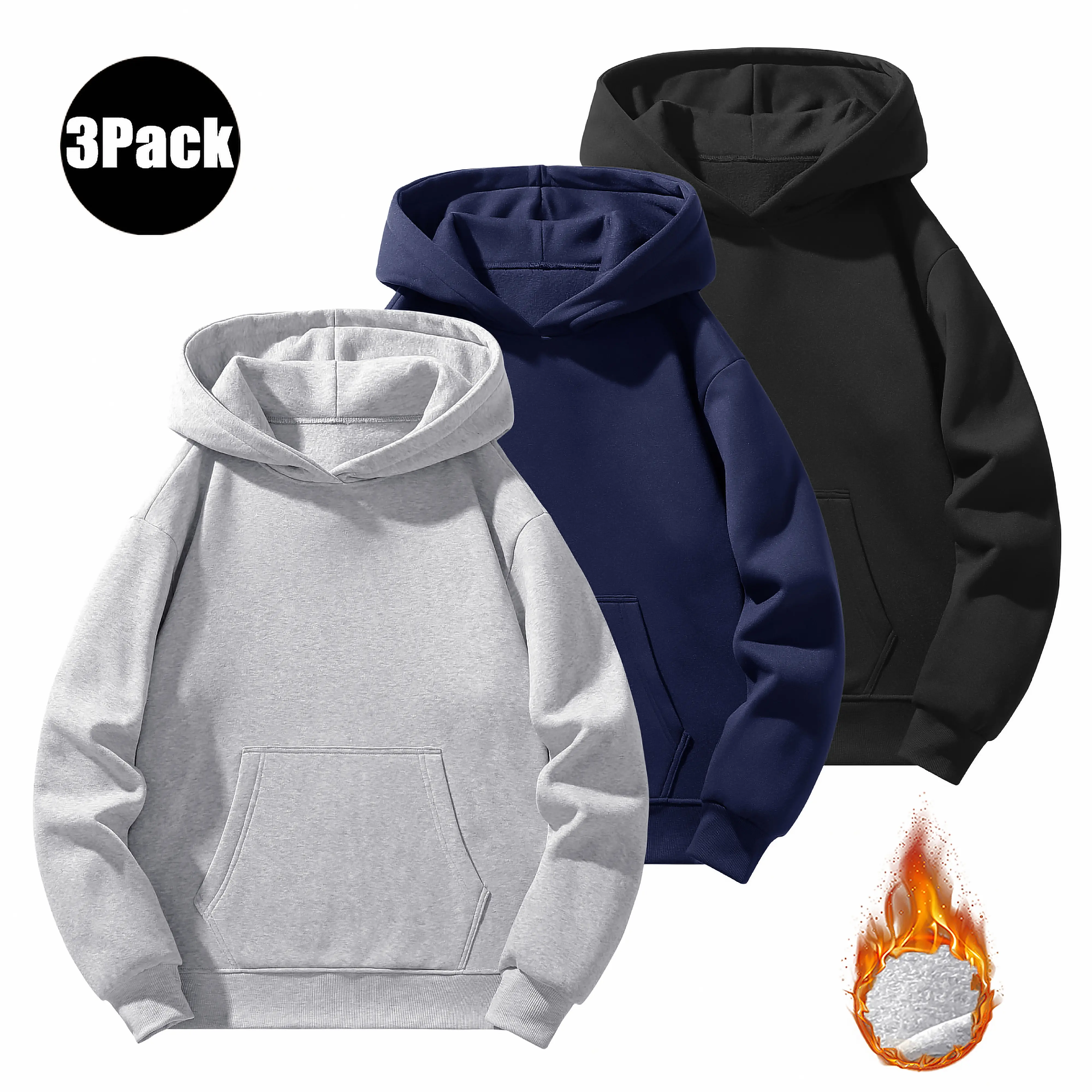 Men's Classic Heavyweight Warm Fleece Hoodie Set - Loose-Fit Long-Sleeve Pullover Hooded Outerwear with Warmth, Gray+Blue+Black, Navy, Beige, Plain Menswear for Casual Wear, Father's Day Gift