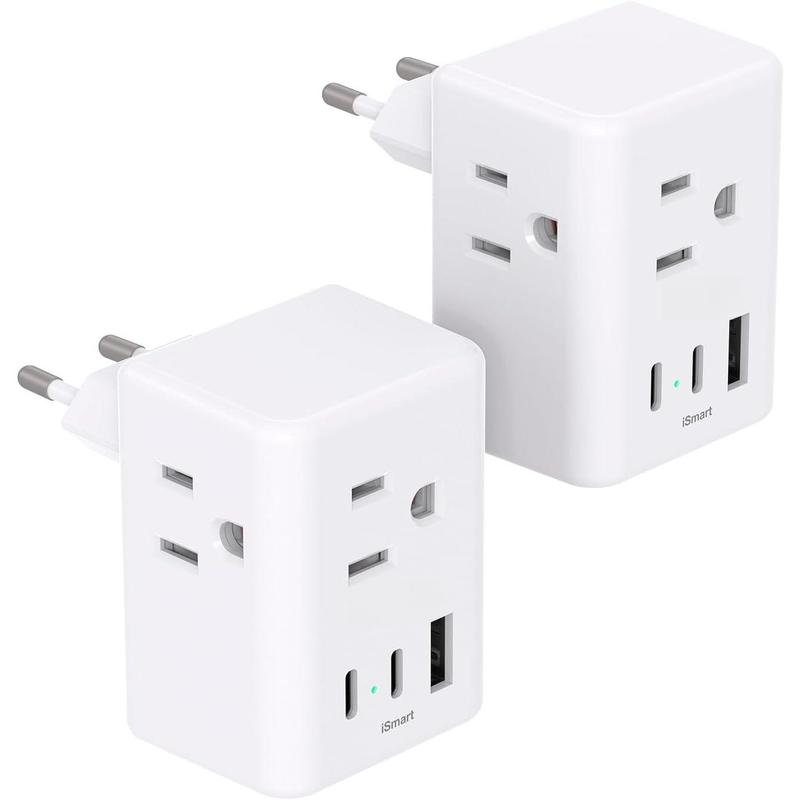 F-APT23  2 Pack European Travel Plug Adapter, International Power Plug Adapter with 3 Outlets 3 USB Charging Ports(2 USB C), Type C Plug Adapter Europe Travel Essentials to Spain Italy France